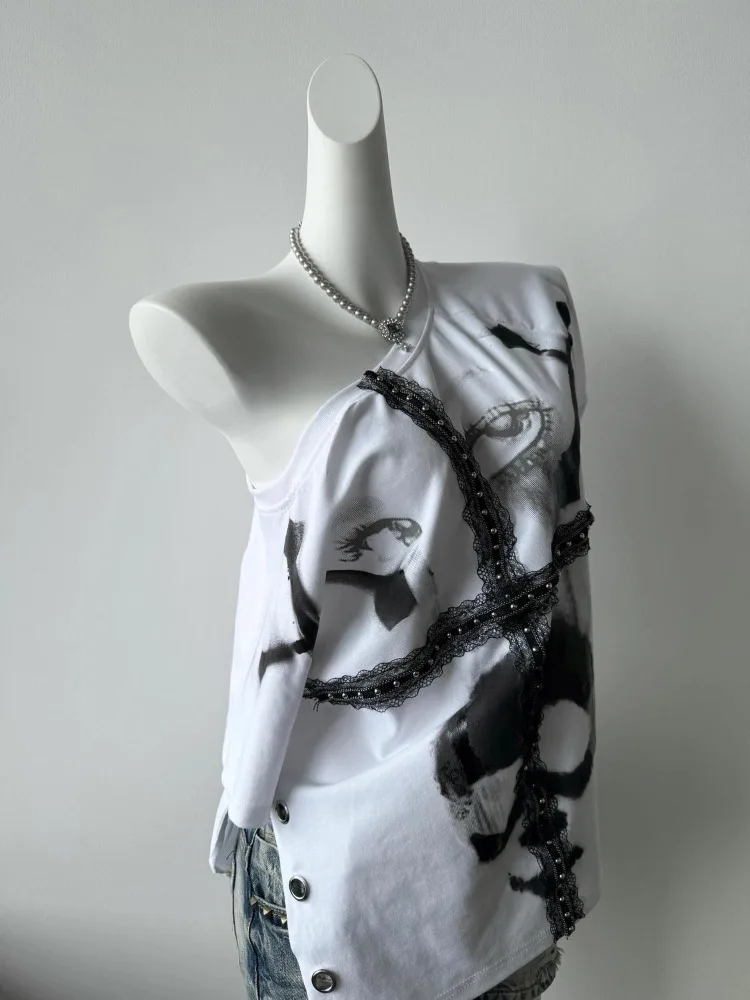 อเมริกันวินเทจแขนสั้นเสื้อยืดฤดูร้อนสาวร้อนส้อมออกแบบ Spliced Chic เสื้อ Y2k ลูกไม้ข้ามโลหะ Buttonhole ชุด 90s