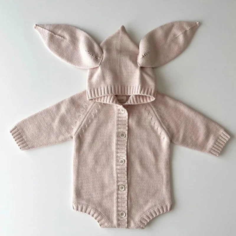 Outono inverno estilo coreano crianças roupas de malha bebê recém-nascido meninas bodysuits de malha cor sólida tricô com capuz macacão