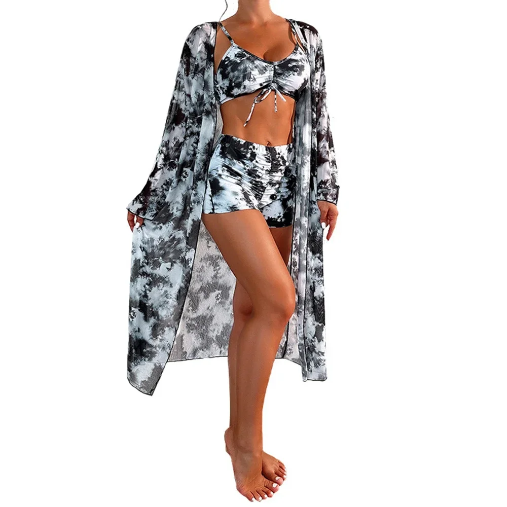 Women Bikini 3 Piece Set Tie-dye Art Printing Sexy High Waisted Ruched Swimsuit + Long Sleeved Cover Up 2024 Black Beachwear