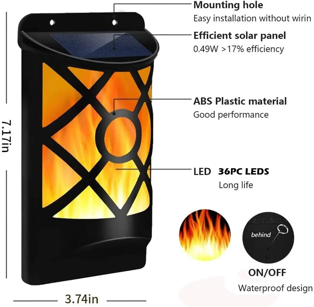 Imagem -05 - Outdoor Flickering Flame Solar Lâmpada de Parede 36 Led Alimentado Montado na Parede Luz Noturna para Pátio Deck Garagem