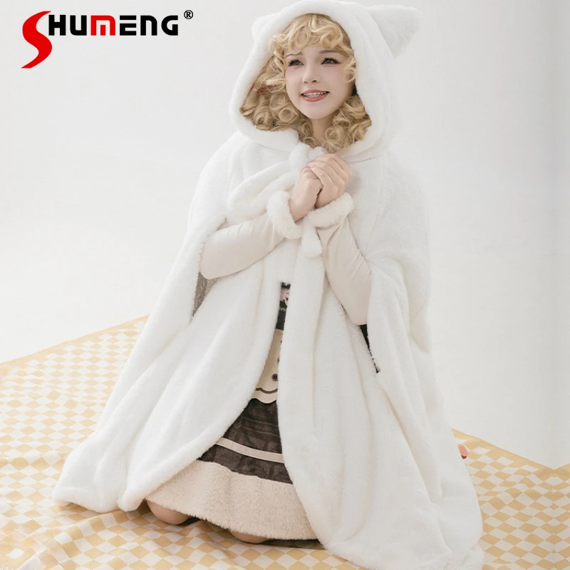 

Japanese Sweet Cute Design White Color Cartoon Cat Ear Mid-Length Hooded Cape Coat Warm Lolita Winter Harajuku Chaqueta De Mujer