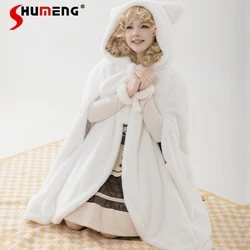 Japanese Sweet Cute Design White Color Cartoon Cat Ear Mid-Length Hooded Cape Coat Warm Lolita Winter Harajuku Chaqueta De Mujer