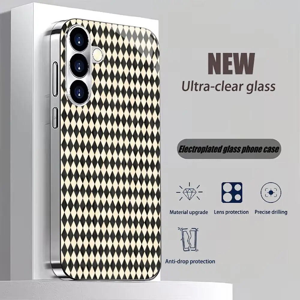 Beige Black Checker Electroplated Glass TPU phone case for Samsung Galaxy S26 S25 S24 S23 S22 S21 FE,Ultra,Plus Drop resistant