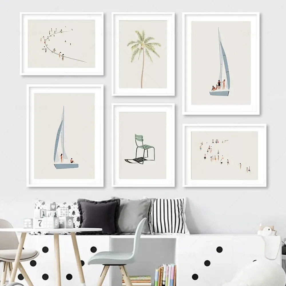 Frameless Canvas PaintingSwimming Contest Waves Poster Sailboat Palm Canvas Painting Abstract Modern Minimalist Print Pictures F