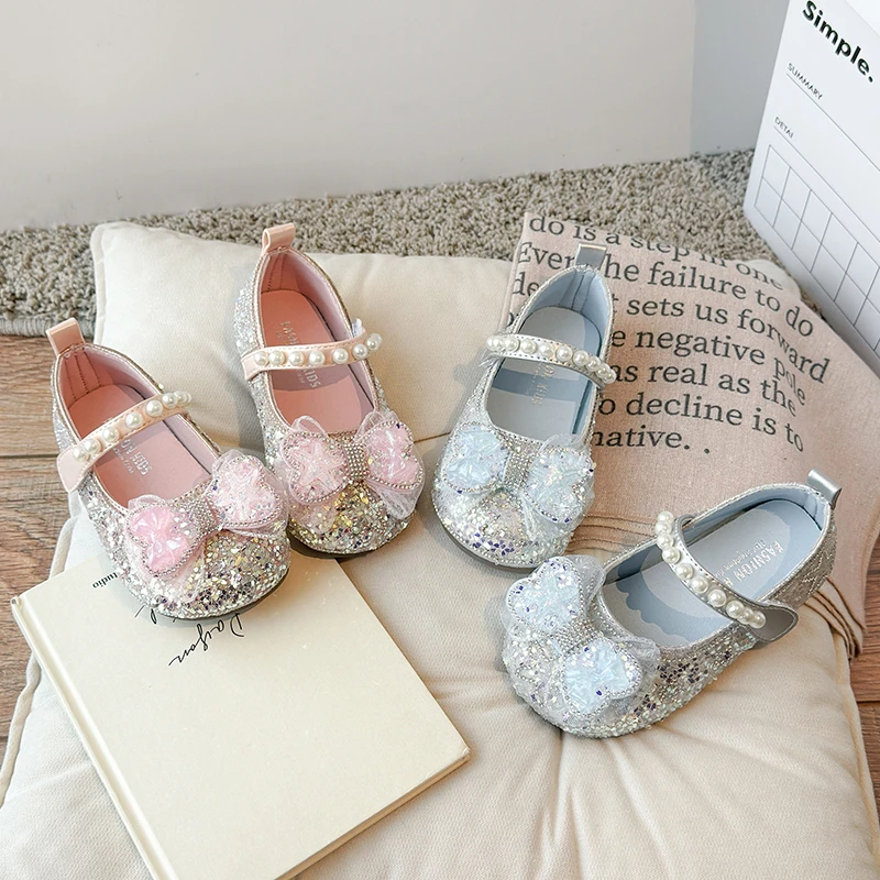JGSHOWKITO Little Girls Mary Jane Shoes Elegant Sequins Children Princess Flat Shoes Wedding Party Perform Kids Leather Shoes