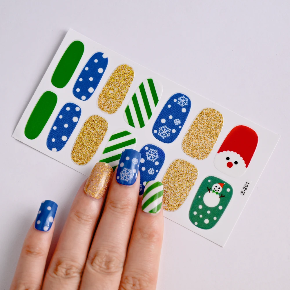 14팁/시트 크리스마스 네일 스티커 눈송이 엘크 산타클로스 눈사람 접착 네일 폴리시 스트립 풀 커버 겨울 크리스마스 데칼