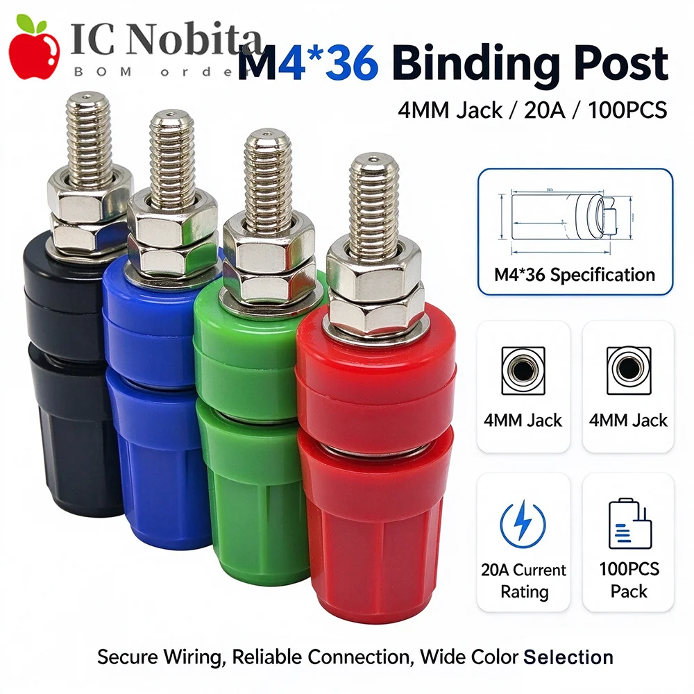 100PCS M4X36 Pure Copper Terminal 4MM Banana Jack Socket 20A Binding Post Banana Plug Connector M4*36 Black Red Blue Green