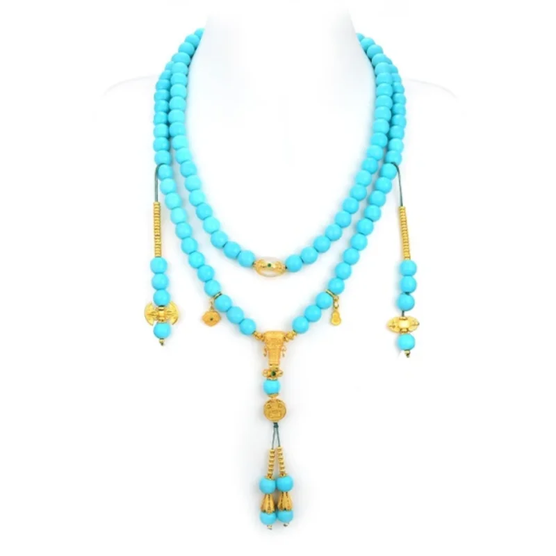 

CAMEO Long Pendant 925 Silver Synthetic Zircon Blue Turquoise Bead Gold New Chinese Style Necklace Sweater Chain
