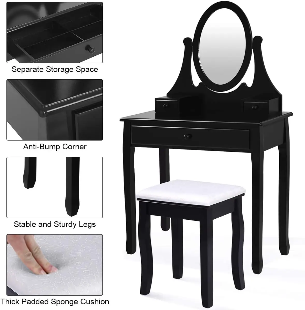 Set da toeletta con specchio ovale e sgabello imbottito, toeletta per il trucco con 3 cassetti, organizzatore per il trucco della camera da letto del bagno moderno