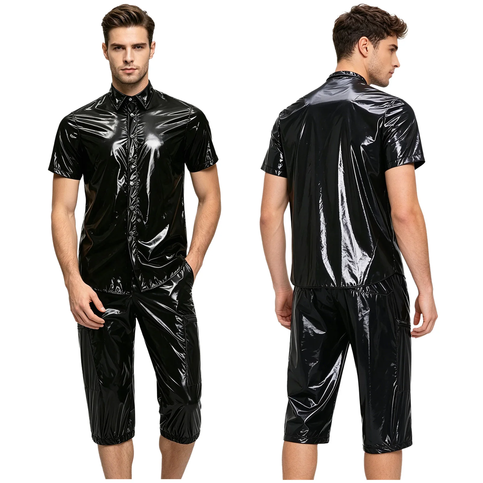 Mens Shiny T-Shirts Sets PU Short Sleeve Button Short Sleeve Shirt Cropped Cargo Capri Pants Glossy Waterproof Tracksuit