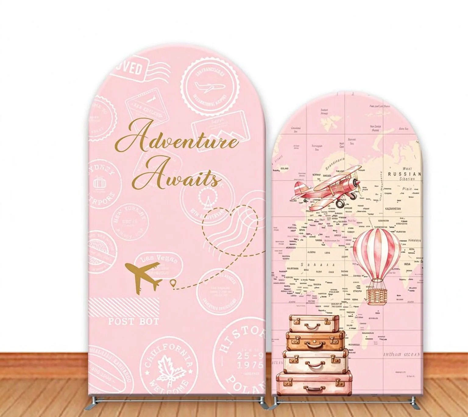 Custom 2-Side Adventure Awaits Baby Shower Arch Backdrop Cover Airplane Travel Map Pink Birthday Party Decor Backdrop Photo