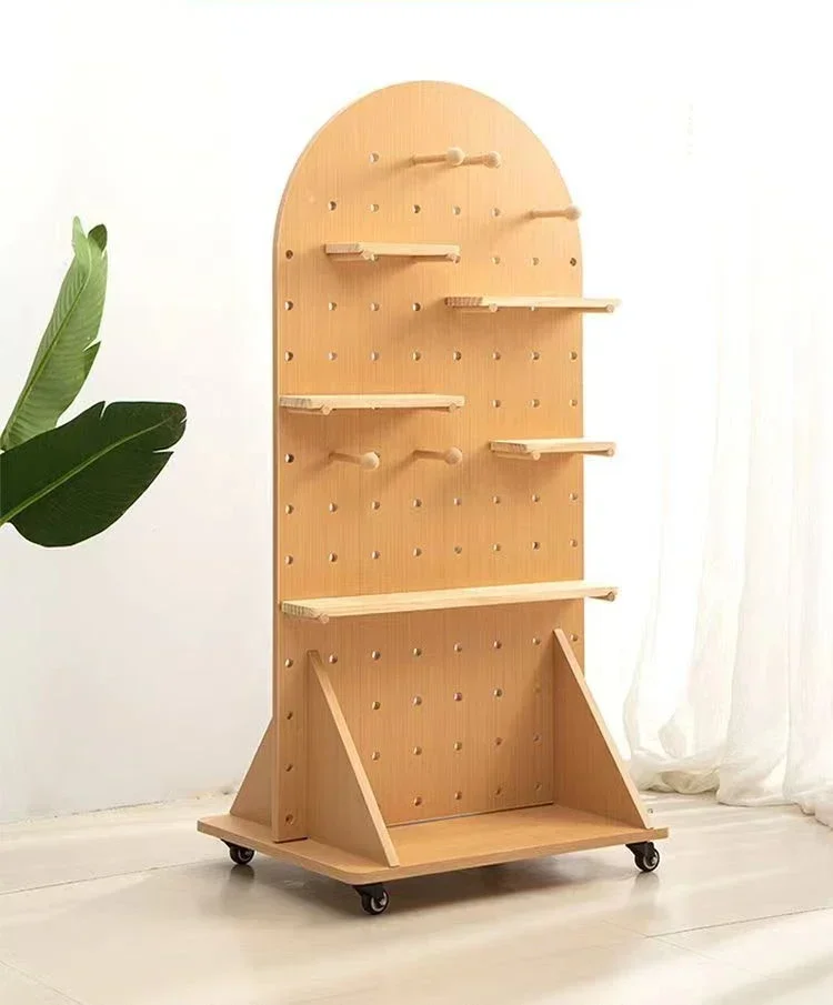 

Solid wood hole board vertical storage display stand, screen, foyer cover, commercial floor standing mobile storage rack Hot sal