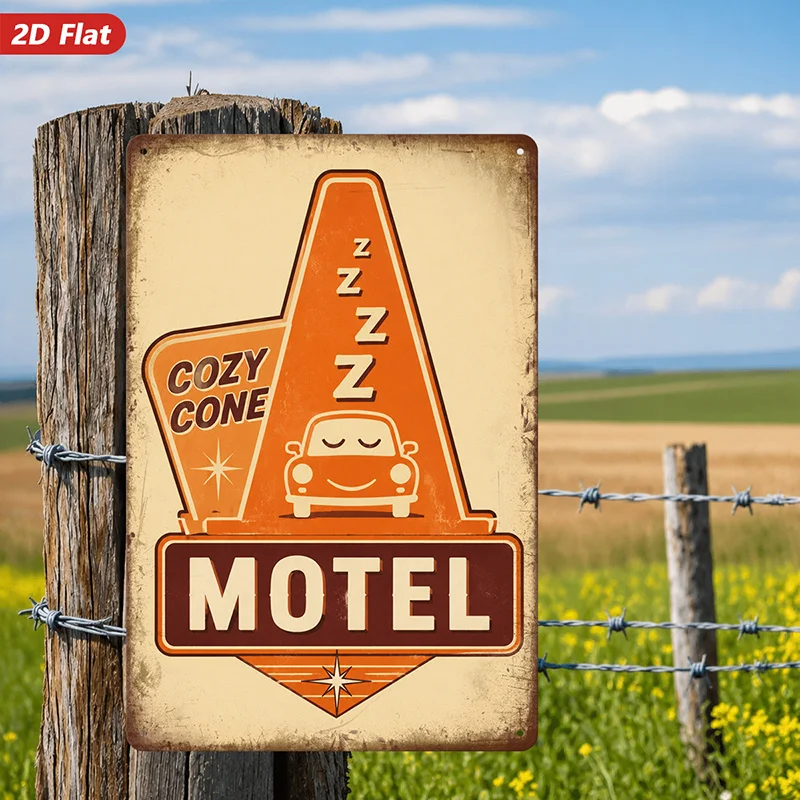 2D Flat, 1pc Metal Sign Wall Art, Cozy Cone Motel Sign - Retro Style, Cartoony Art, Automobile Theme Home Decor,