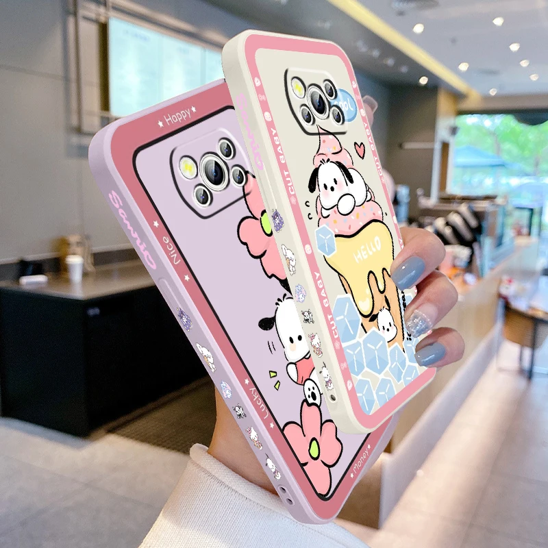 Cute Pachacco Sanrio Comic Liquid Left Rope For Xiaomi Mi Poco X5 X4 X3 M6 M5 M5S M4 M3 F5 F4 F3 C55 C40 Pro 5G Soft Phone Case