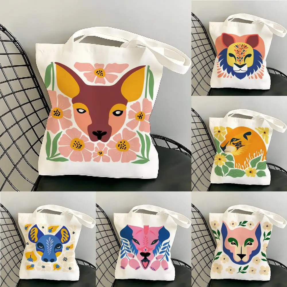 Abstract Floral And Animal Storage Bags Canvas Tote Bag Women Large Capacity Reusable Eco Shopping Shoulder Handbag