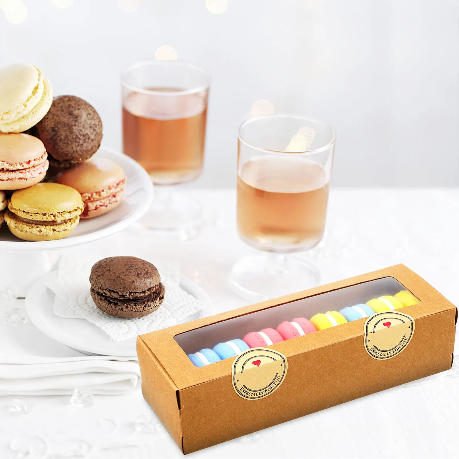 50Pcs Macaron Packaging Boxes with Clear Window Lightweight Kraft Paper for Bakery Cookies Donuts Small Cakes Macaron Boxes