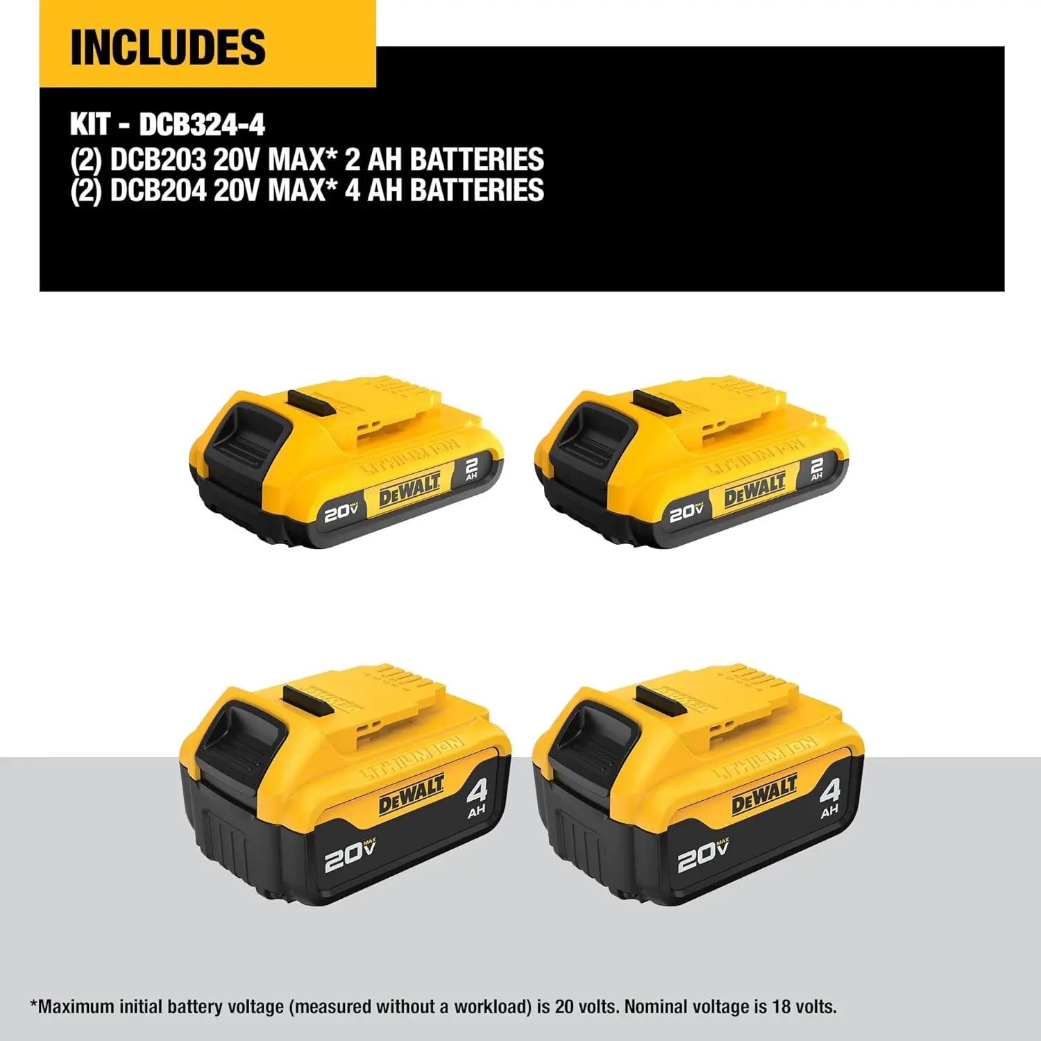 DEWALT 20V MAX Lithium Ion Battery, 2 Ah and 4 Ah, 4-Pack, Fuel Gauge LED Charge Indicators (DCB324-4)