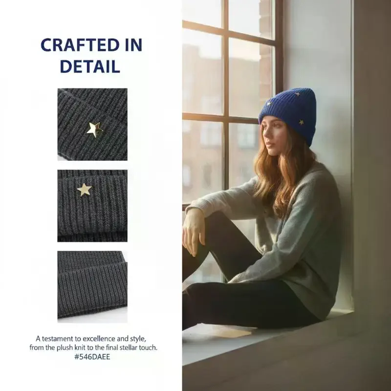 Warm Knitted Winter Beanie Hat With Star Decor For Cold Weather Skiing Walking