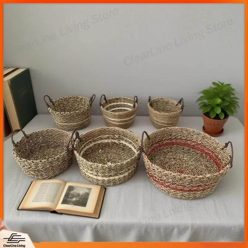 Home Decoration Seaweed Serving Tray Fruit Bread Woven Basket Picnic Storage Basket Handwoven Natural Fiber Decorative Tray