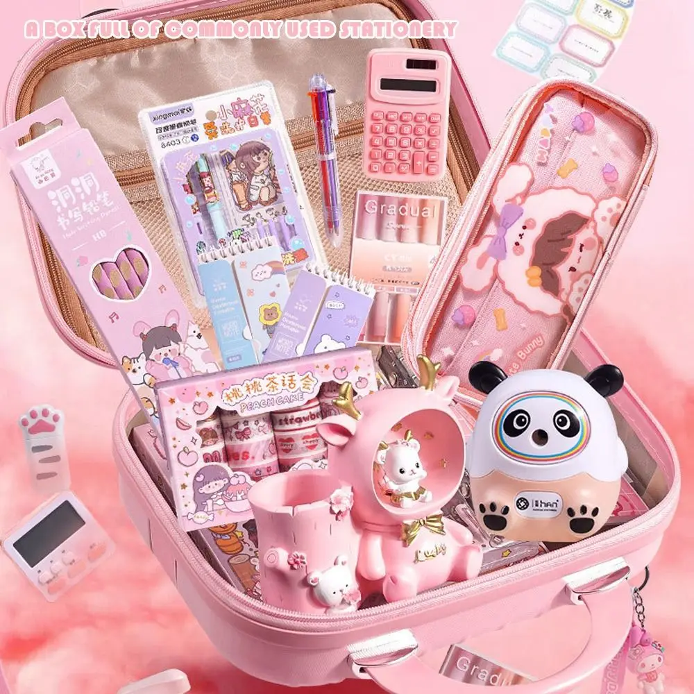 Pink Study Stationery Set Large Capacity Suitcase Creative Pen Bag Notebook Stickers Sharpener Stationery Gift Pack Students