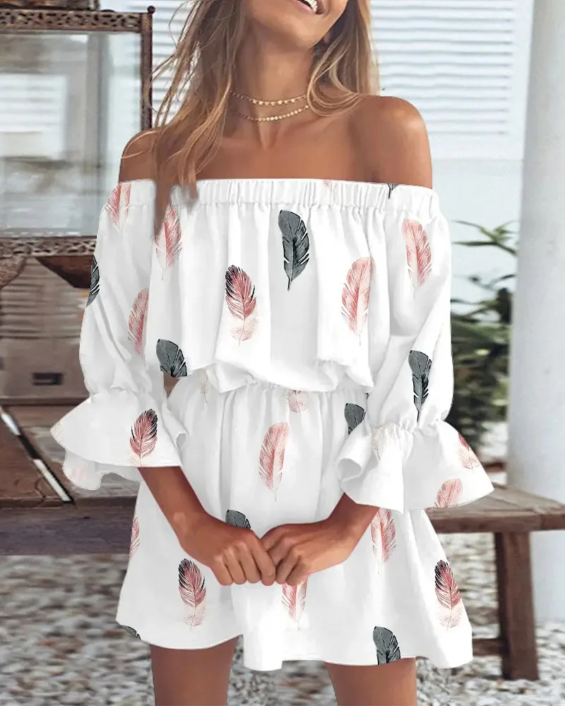 المرأة الصيف نمط فستان قصير سيدة عادية مائل الرقبة نصف مضيئة كم ورقة فستان مُزين بطباعة Vestidos