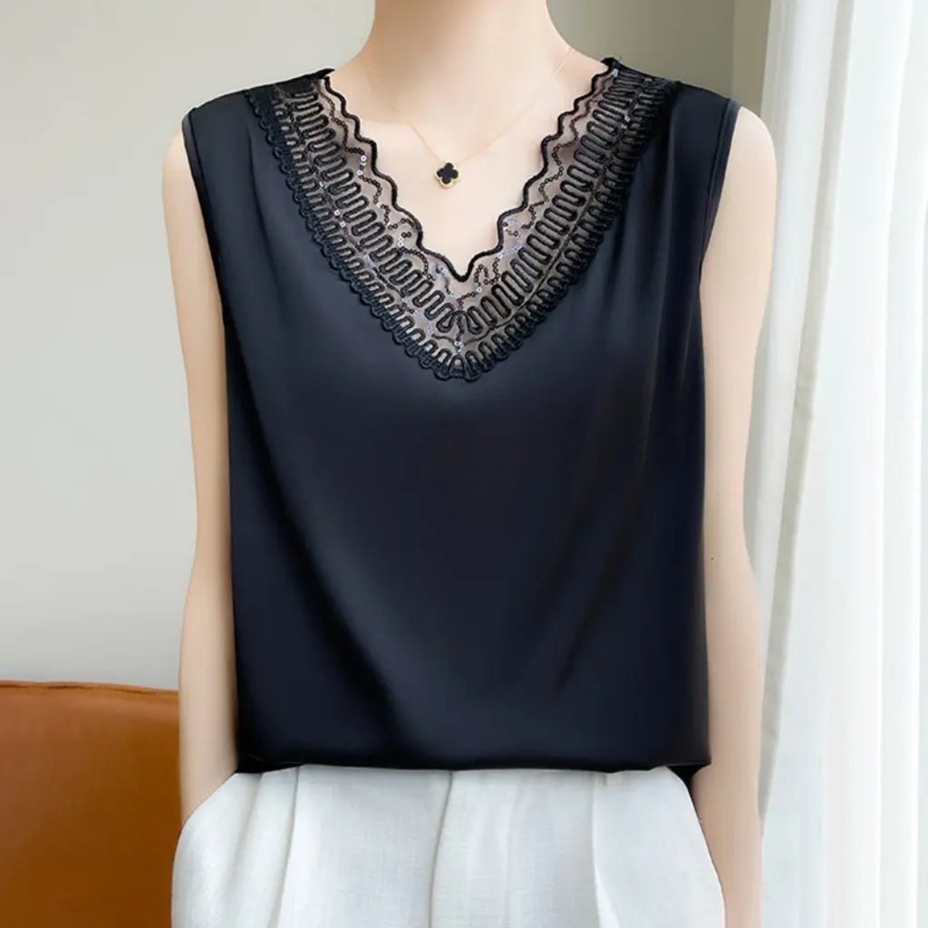 

Silk Satin Women's V-Neck Sleeveless Vest T-Shirt Summer New Loose Mesh Stitching Top Fashionable Casual Wear