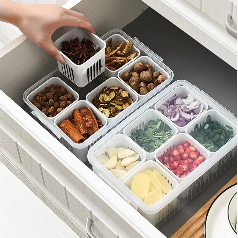 Refrigerator Storage Box 4/6 Grid Food Vegetable Fruit Storage Box Fridge Organizer Drain Basket Meat Onion Ginger Clear Crisper