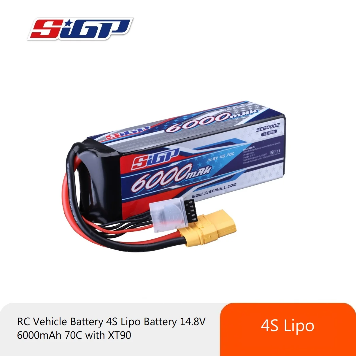 

SIGP 4S 14.8V Lipo Battery 6000mAh 7300mAh 70C Soft Pack With XT90 Connector For RC Truck Car Truggy Buggy Vehice Racing Hobby