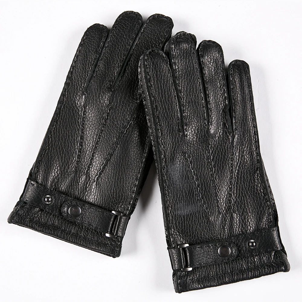 GOURS-guantes de cuero auténtico para hombre, manoplas de piel de ciervo auténtica, forro polar, cálido, suave, botones de moda, conducción, nuevo,