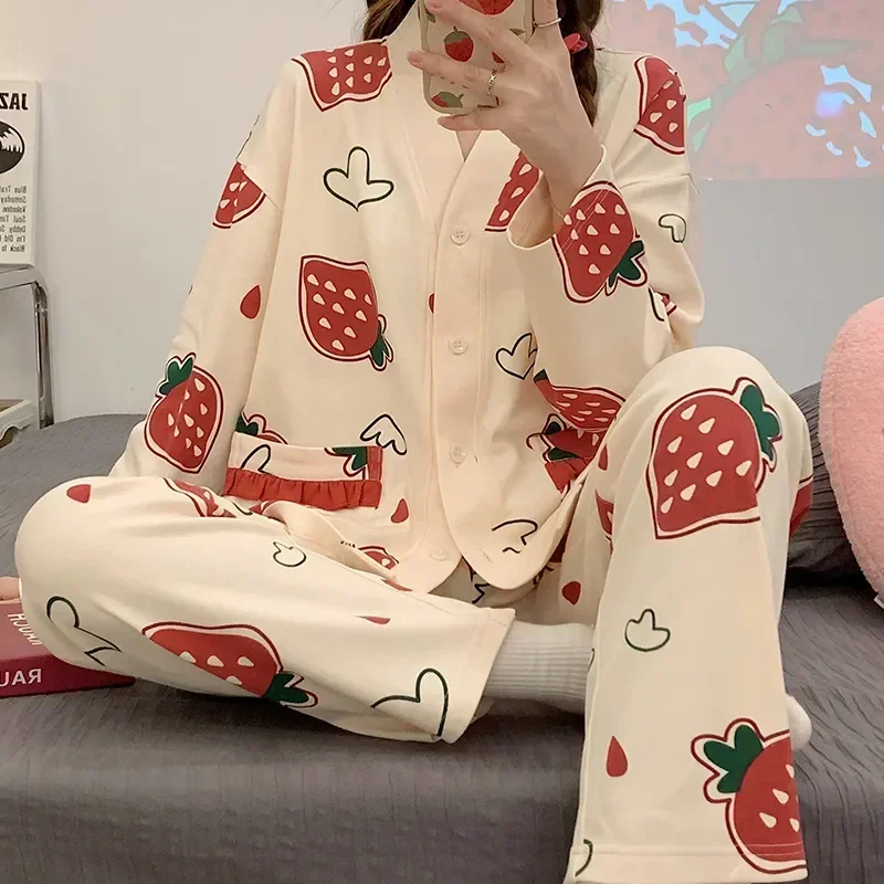 Pijama de manga larga para mujer, ropa de dormir femenina con estampado largo de otoño, conjunto de piezas de flores suaves a la moda para primavera, conjunto de algodón para mujer 2