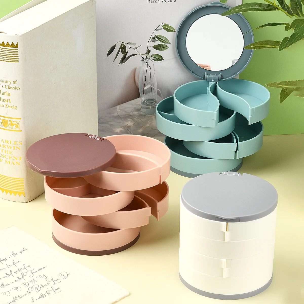 

1 PC 10.6x10.4x10.1cm Rotatable 4-Layer Plastic Jewelry Storage Box for Ring Earring Necklace Cylinder Storage