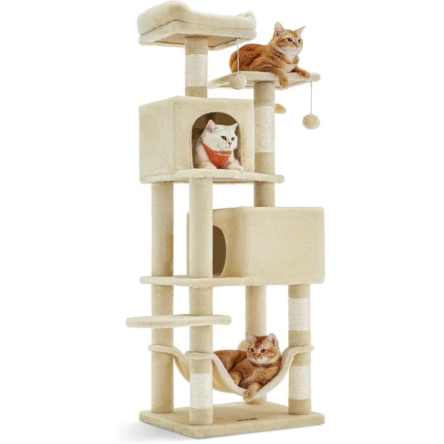 

59.5-Inch Tall Cat Tree with Plush Multi-Level Design Beige 5 Scratching Posts 2 Perches 2 Caves Hammock 2 Pompoms Ideal for In