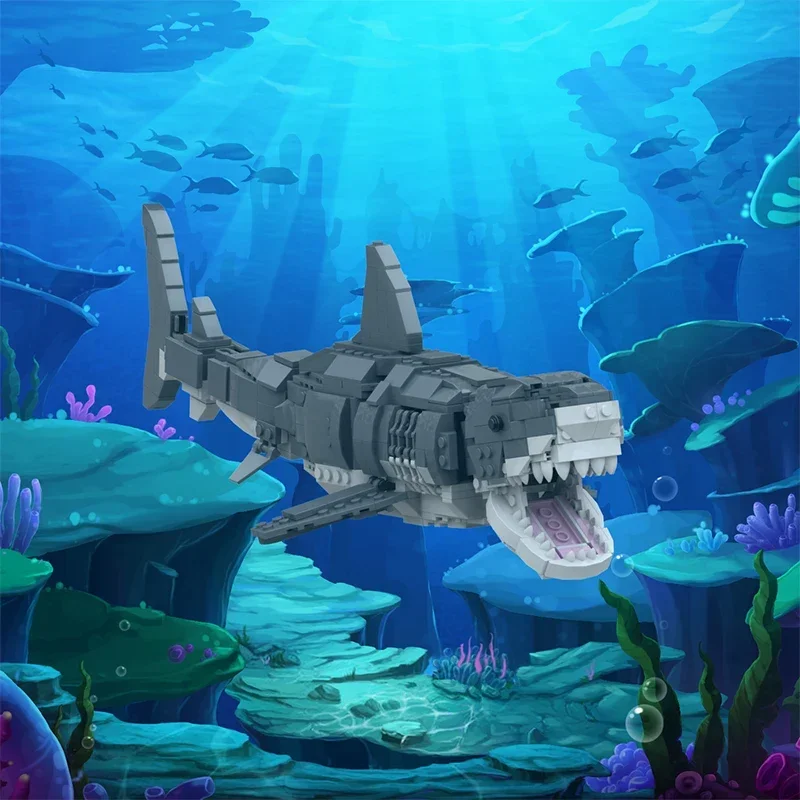 

BuildMoc 31088 Ocean Overlord большая белая акула, набор строительных блоков для Megalodoned Tooth Fish, животное, кирпич, игрушка для детей, подарок