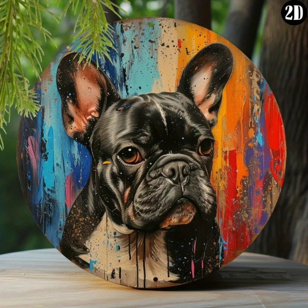 

8x8 in Spring Aluminum Tin Sign Faux Resin Painting Round Wreath Decorative Sign, Mothers Gifts French Bulldog Theme Decoration