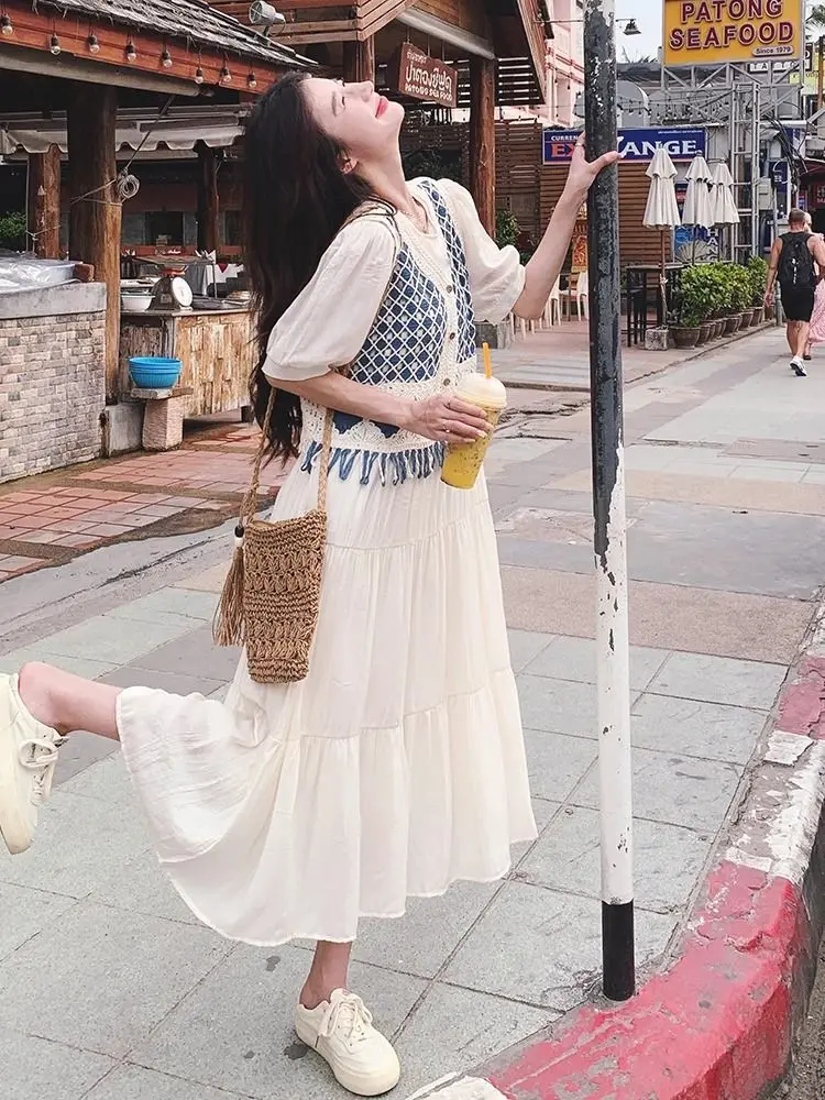 โบฮีเมียนชาติพันธุ์ถักเสื้อกั๊กเปิดเสื้อสเวตเตอร์ถักผู้หญิงฤดูร้อนน้ําหนักเบาเสื้อกั๊ก Hollow OUT Lace Fringed เสื้อแขนกุด