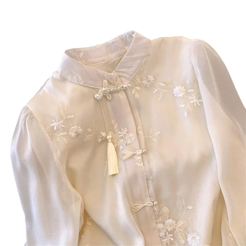 2024 Spring Summer New Chinese Style Embroidered Shirt Women Casual Long Sleeve Blouse Elegant Female Vintage Designed Tops