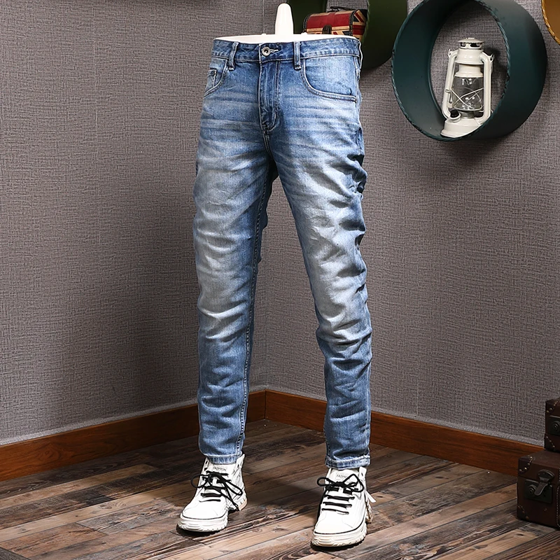 Italian Style Fashion Men Jeans Retro Blue High Quality Elastic Slim Fit Ripped Jeans Men Trousers Vintage Designer Pants Hombre