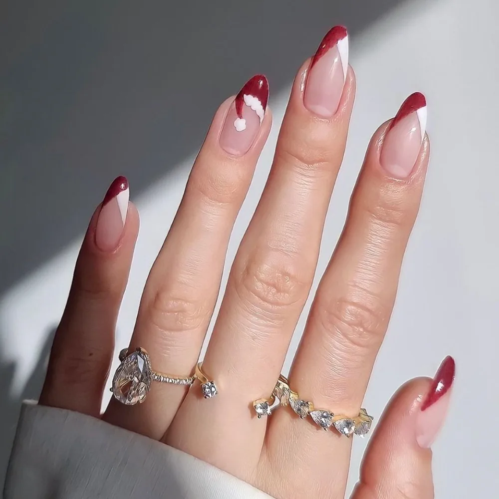 Unhas falsas francesas destacáveis de natal, amêndoa, cobertura completa, unhas falsas, manicure vestível, prensa em unhas, menina