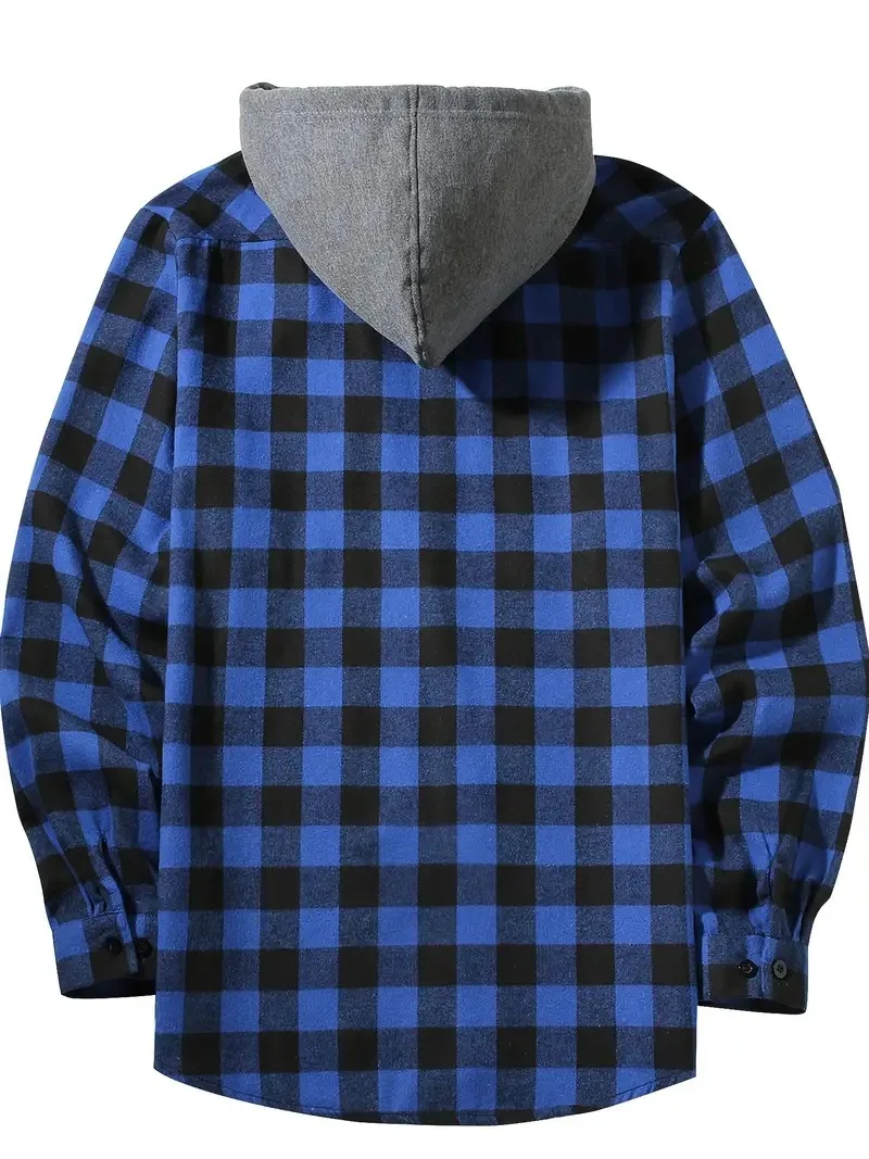 New fleece plaid casual hooded shirt double pockets hooded long-sleeved shirt for men spring and autumn jacket