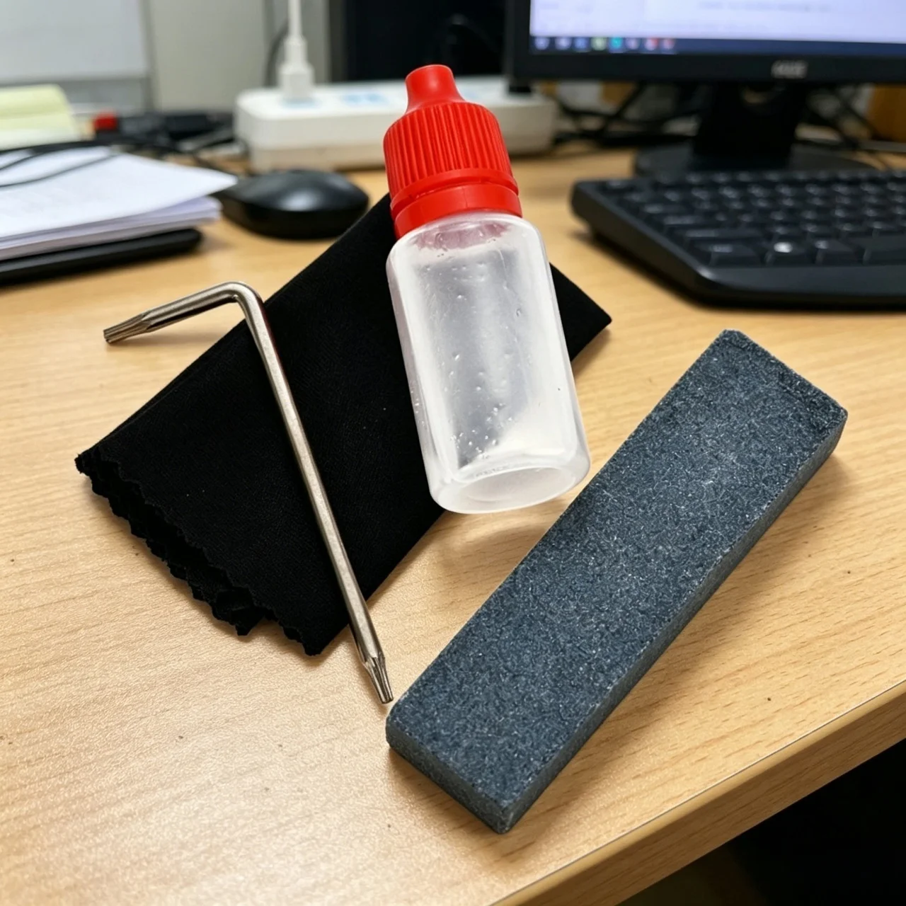 2PC All-inclusive Knife Care & Repair Kit includes Sharpening Stone, Lubricating Oil, Microfiber Cloth and Hex Wrench. Fast dispatch from USA, essential accessories for daily knife maintenance and protection.