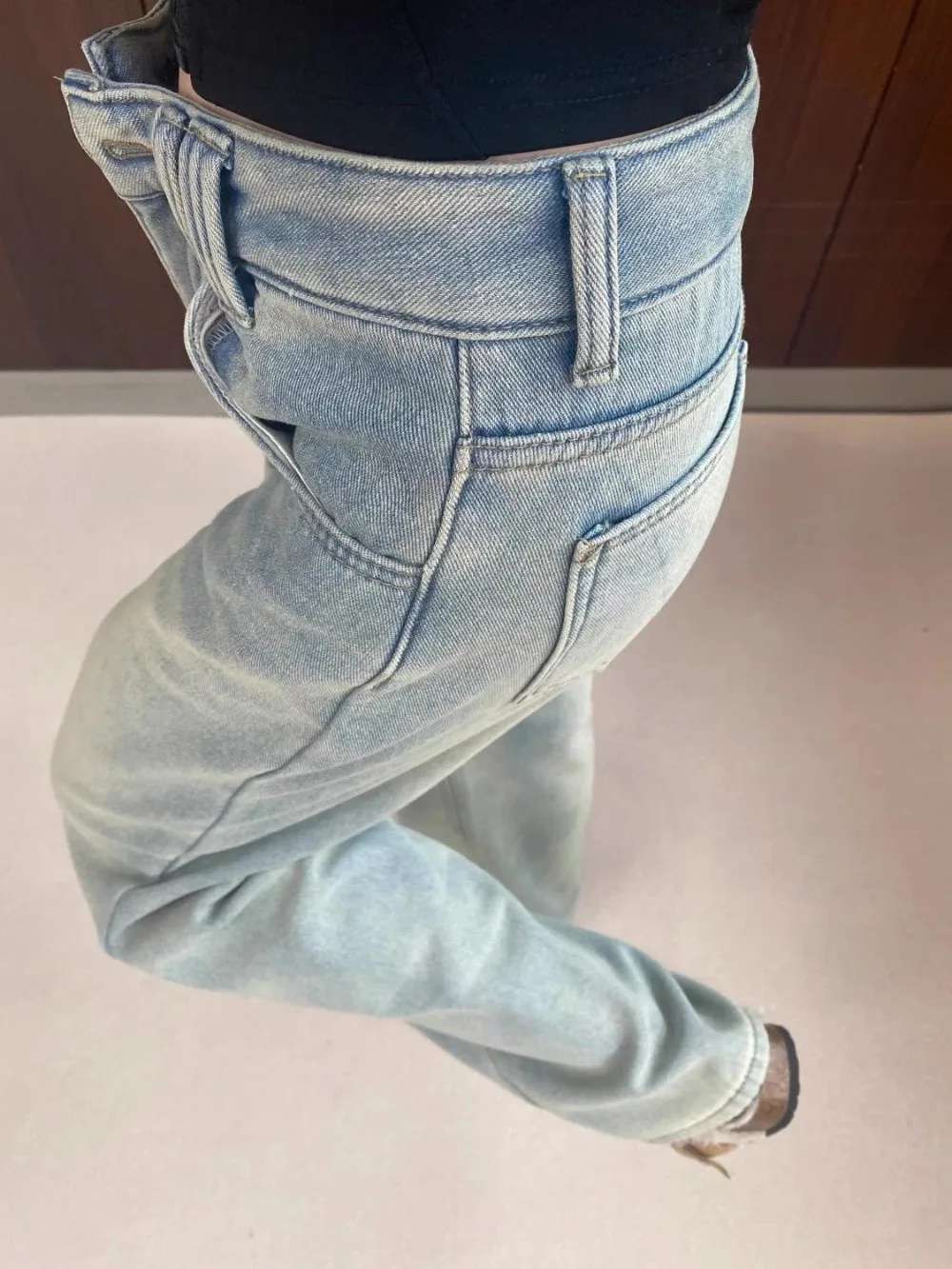 Verdikte fleece wijde pijpen jeans dames hoge taille rechte snit skinny retro blauwe vloerlengte broek veelzijdige casual denim broek
