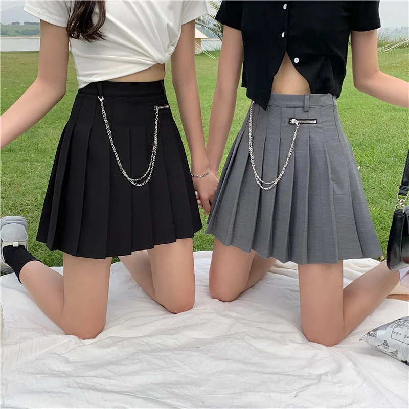 

Юбка с высокой талией в клетку с цепочкой, А-силуэт, женская, больших размеров, летняя, модная, в стиле JK, однотонная, универсальная