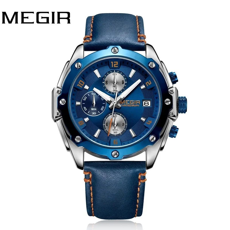 MEGIR Chronograph Men Relogio Masculino Blue Leather Business Quartz Sport Clock Male Creative Army Military Date New WristWatch