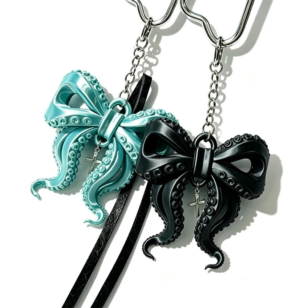 3D Printed Octopus Tentacle Bow Keychain Fashion Unique Octopus Bow Pendant Cross Gothic Cthulhu Style Keyring Backpack Decor