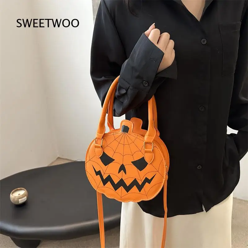Halloween Theme Pumpkin Shoulder Bag For Women Spooky Face Pattern PU Top Handle Party Cosplay Crossbody Purse