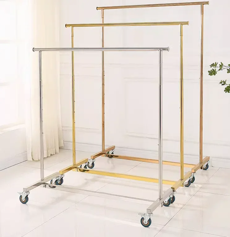 

Clothing store display rack, stainless steel lifting rack, island rack with wheels, mobile women's clothing store hanger