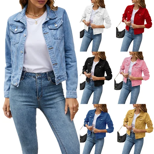 Chaquetas vaqueras para mujer, moda informal femenina, manga larga, solapa, botón sólido, bolsillo en el pecho, chaqueta vaquera ajustada, abrigo de Otoño Invierno