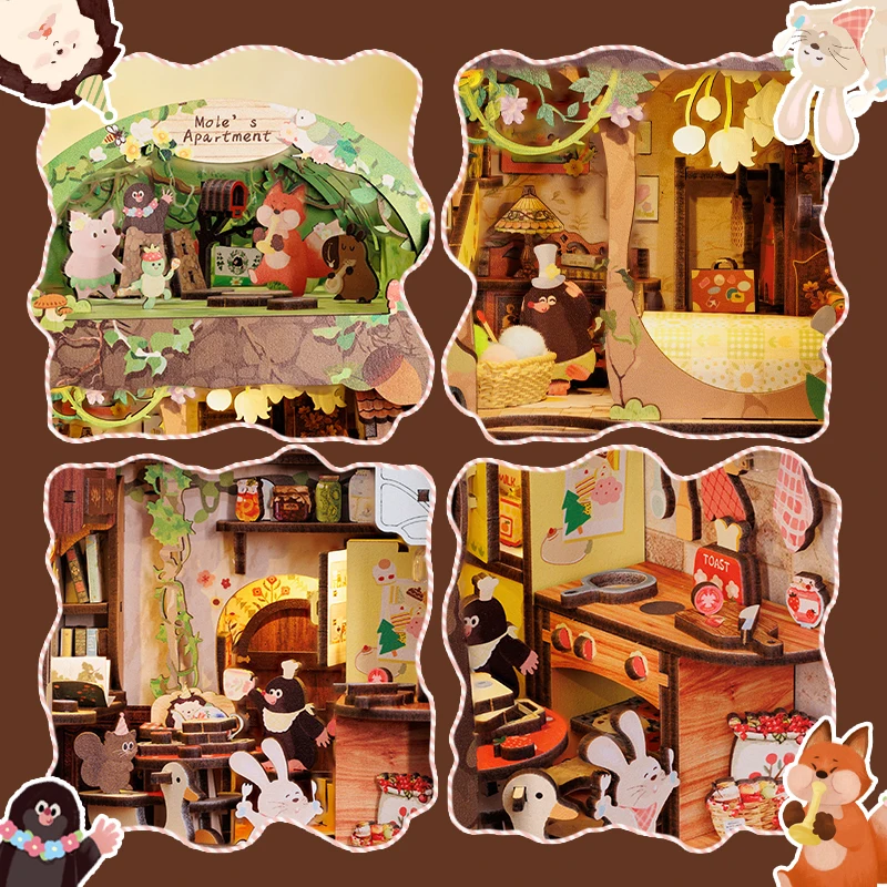 Cutebee Book Nook Kit 3D Wooden Puzzle Bookshelf Roombox Toy Mole's Apartment Miniature with Dustproof Cover LED Light Booknook