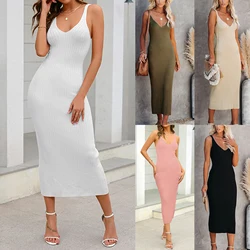 Women Fashion Knit Bodycon Long Dress Ladies Sleeveless V-neck Backless Solid Slim Fit Dress Elegant Party Long Dress