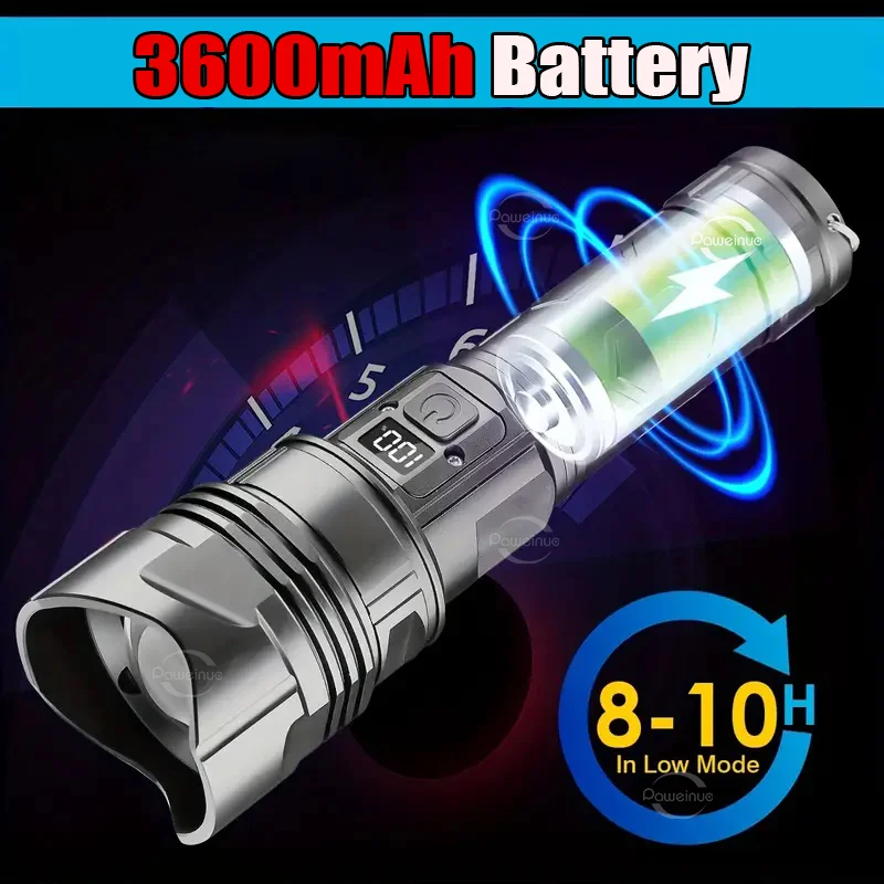 Powerful LED Flashlight Ultra Bright Tactical Light Emergency Spotlight Long Range Zoom Torch Fishing Lamp With Built-in Battery